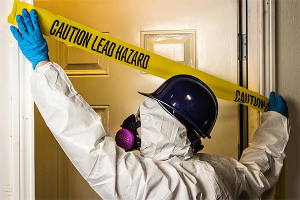 Photo of a person in protective gear putting up yellow tape across a door that says caution lead hazard